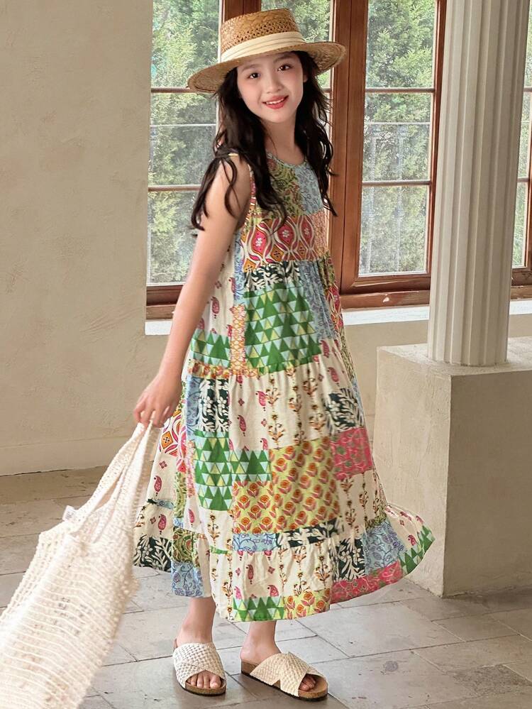 Tween Girls Sleeveless Ditsy Floral Chiffon Dress, Summer Vacation Easter