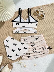 Young Girl Bow Print Bikini Swimsuit Set With Drawstring Skirt - Black and White - View 2