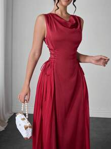 Modelyn Sleeveless Women's Dress With Draped Neck, Side Pleats And Drawstring, Spring/Summer