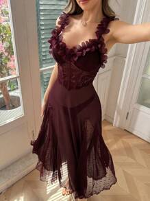 Seduluxe فستان نوم طويل من الدانتيل والشبك الزهري مع حمالات رفيعة وتصميم الخصر، ملابس داخلية شفافة، فستان ليلي طويل من الدانتيل - لون كستنائي - مشاهدة 3