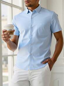 Manfinity Homme Men's Solid Simple Casual Short Sleeve Shirt - Blue - View 1
