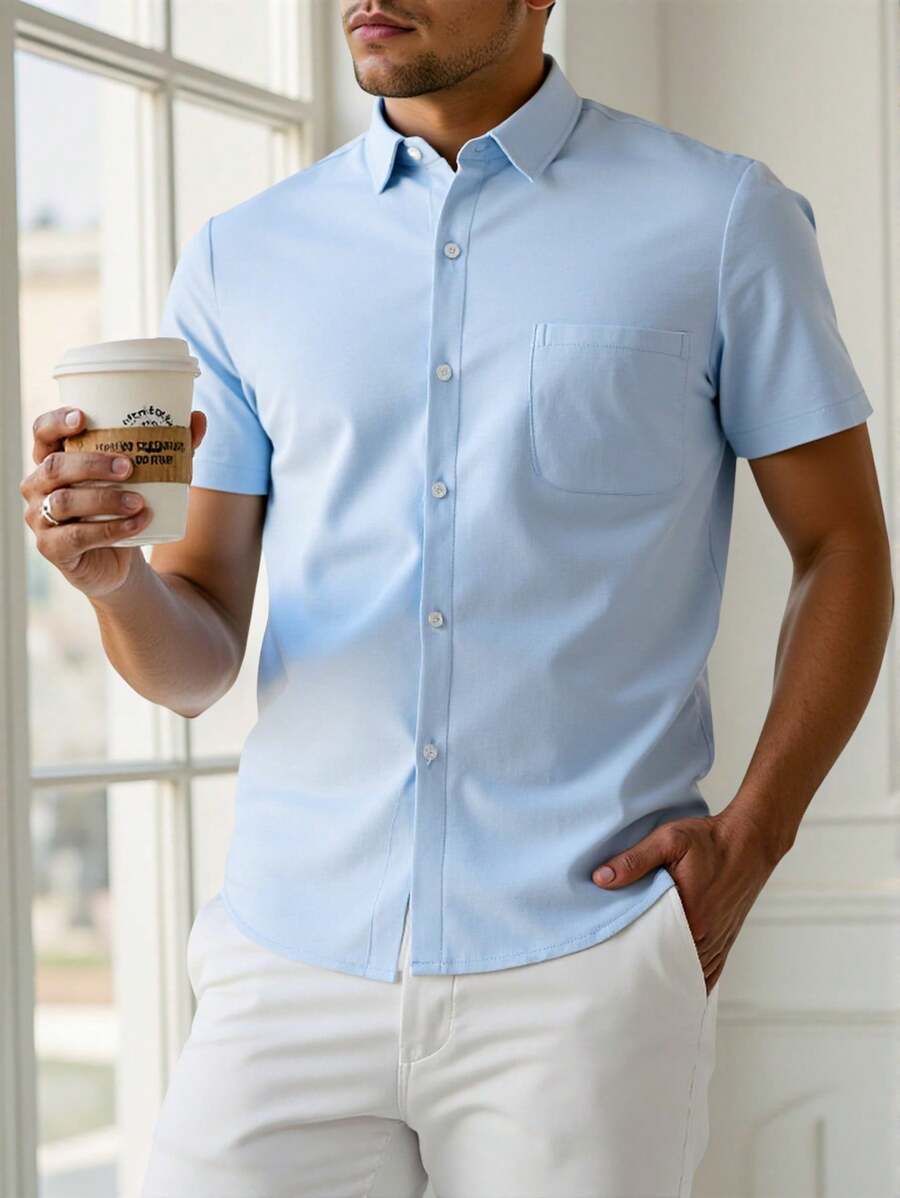 Manfinity Homme Men's Solid Simple Casual Short Sleeve Shirt - Blue - View 1