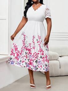 Fleurora 春夏优雅通勤办公室彩色V领喇叭花瓣袖撞色蕾丝中长短袖大码连衣裙女士夏季服装女士夏季连衣裙女士办公室服装女士服装夏季办公室连衣裙 - 彩色 - 查看 4