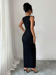 Elenzga 夏季新款女式 3D 花卉珍珠撞色图案装饰方领休闲优雅时尚修身长裙 - 黑色 - 查看 2