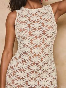 SHEIN BAE Women's Sexy Sheer Sleeveless Mini Vacation Dress, Summer - Beige - View 8