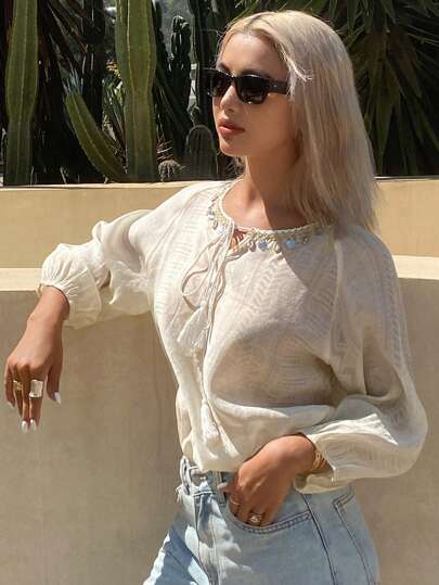 DAZY 宽松七分袖套头流苏抽绳休闲度假夏季女式衬衫 Y2k，沙滩