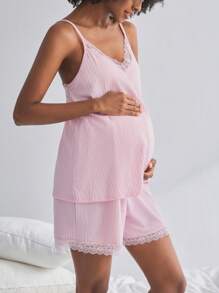 BloomMama 孕妇蕾丝睡衣套装两件装，家居服时尚睡衣 - 粉色 - 查看 1