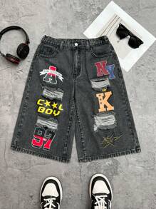 SHEIN 青少年男童时尚休闲Y2K复古黑色字母印花图案宽松三英寸牛仔裤，适合儿童日常穿着，柔软舒适，也适合春夏派对、音乐节和海滩穿着。 - 黑色 - 查看 1