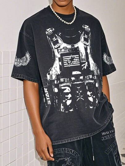 Street Life تيشيرت كم قصير مطبوع مغسول بنقشة رجالي رجعي