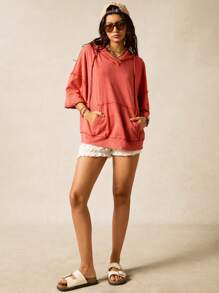 Easelle Áo thun hoodie cỡ lớn màu đỏ, viền tua rua, thường ngày dành cho nữ, mùa xuân/hè - Đỏ - Xem 7