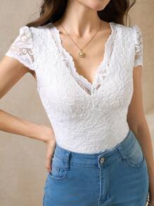 Amorya Solid Lace Bodysuit - White - View 7