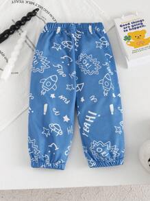 Baby Girls Casual Loose Cartoon Universe Print Long Pants - Blue - View 2