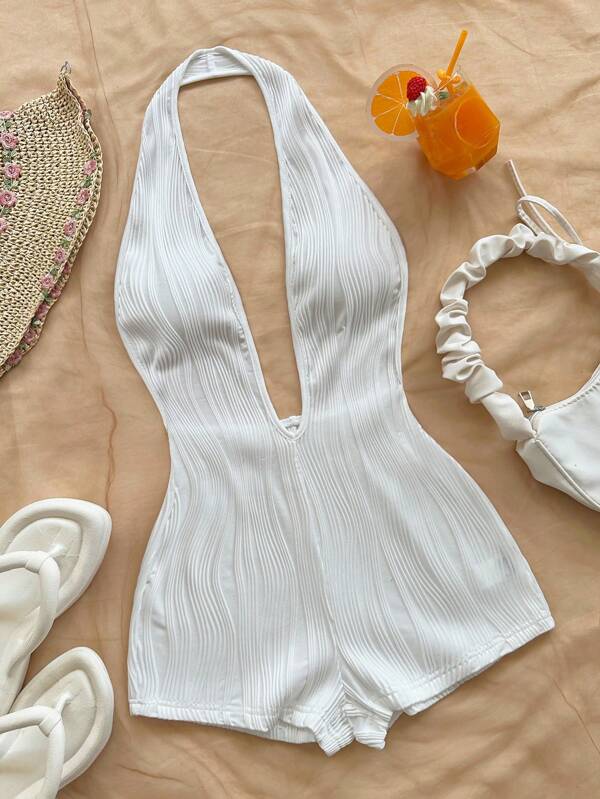 Soleia Women Vacation White Knitted Textured Wavy Pattern Deep V Halter Backless Sexy Slim Fit Romper, Perfect For Party, Date, Afternoon Tea, Boho Vacation, Seaside Beach, Summer