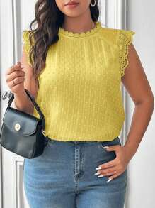 SHEIN Frenchy Plus Size Summer Casual Solid Color Lace Trim Blouse, Yellow Top - Yellow - View 1
