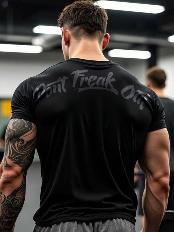 Manfinity Sport Polished Men's Minimalist Print Crew Neck Short Sleeve Athletic T-Shirt Workout Clothes Running Tees & Tanks, Black Gym Shirt, Gym Tshirt Men, Men Work Out Shirts, Black Compression Shirt