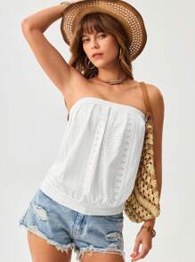 SHEIN LUNE Áo bandeau vải họa tiết cỡ lớn dành cho nữ, thích hợp cho kỳ nghỉ hè Phục sinh Boho thoải mái, thiết kế mới mùa xuân/hè, áo không tay màu trơn, màu trơn, đơn giản và thời trang, sự kiện tiệc tùng hàng ngày thanh lịch, phong cách Boho/Bohemian, mặc hàng ngày, Ngày của Mẹ - trắng - Xem 8