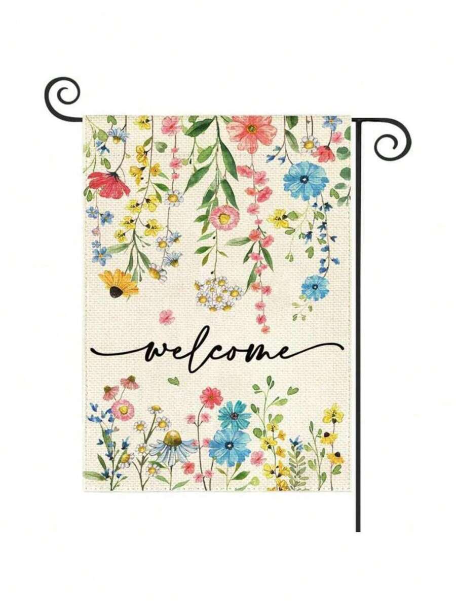 一件式花卉印花迎宾花园旗，简约乡村风格仿亚麻双面印花横幅，不含旗杆，适合春夏季庭院户外花园装饰