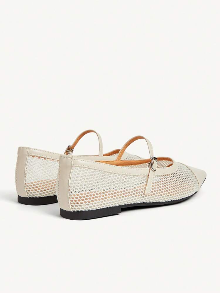 CUCCOO CHICEST Women's Beige Elegant Simple Design Pointed Toe Mesh Flats Casual Mary Jane Shoes, Suitable For Work, Daily Wear And Vacation, Summer