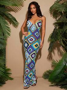 Radiana Spring/Summer Music Rock Festival Street Casual Western Wear Outfit Bohemia BOHO VACAY Color Imitation Crochet Print High Stretch Knit Halters Long Slim-Fit Dress Multicolor Maxi Dress Bodycon Maxi Dress Long Vacation Dress Granny Square Dress,Boho Clothes Women
