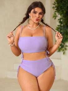 Swim Mod Conjunto de traje de baño de dos piezas de unicolor con cordón lateral de talla grande para mujer - Morado - Ver 4