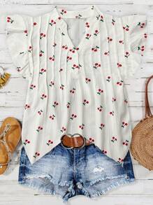 SHEIN Tall 女式春夏休闲白色樱花印花纹理V领盖袖衬衫 - 白色 - 查看 1