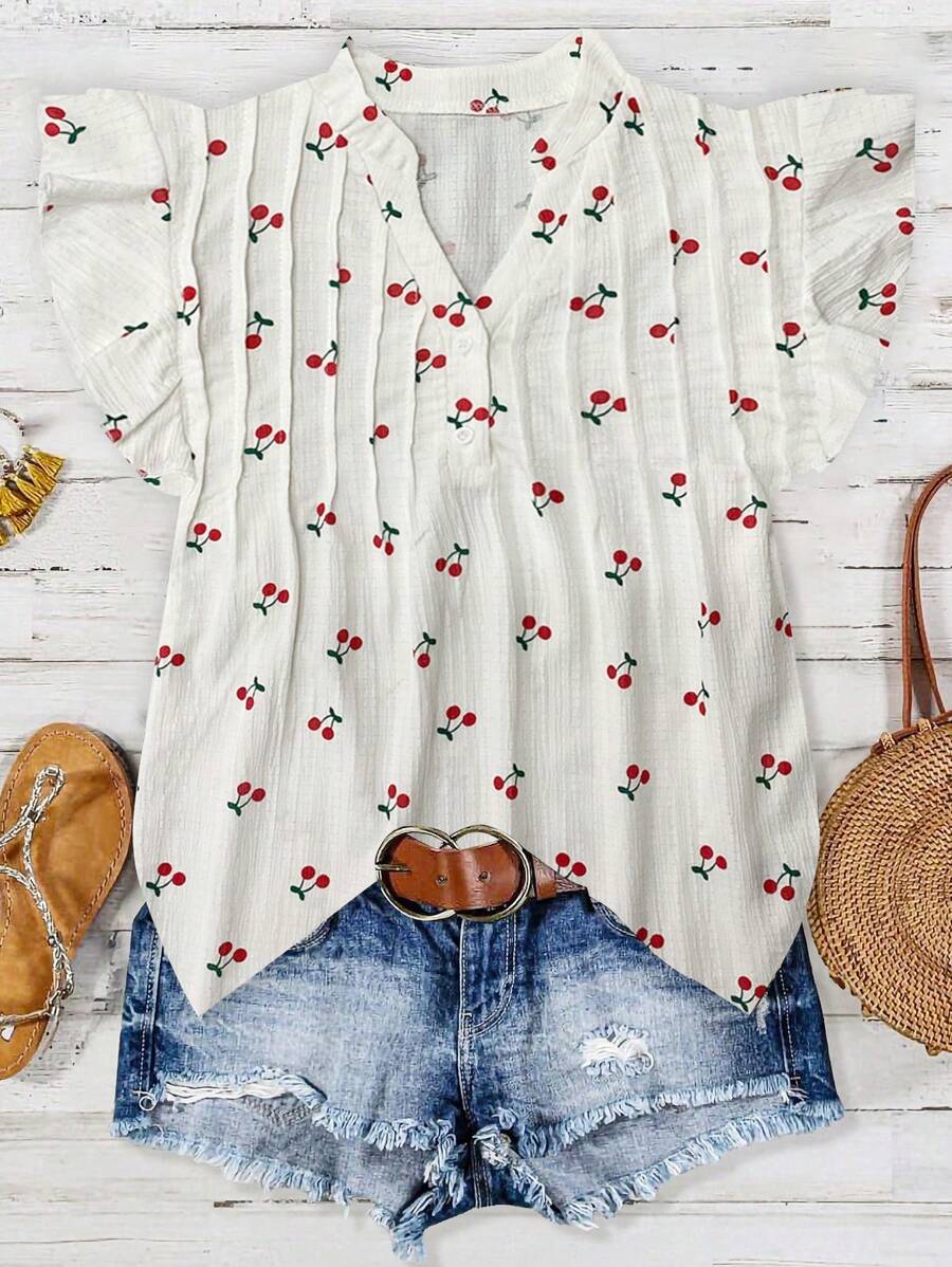 SHEIN Tall 女式春夏休闲白色樱花印花纹理V领盖袖衬衫 - 白色 - 查看 1