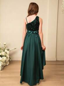 SHEIN Tween Girls Solid Color Asymmetric Neckline Glitter Patchwork Asymmetrical Formal Dress, Perfect For Performances, Weddings, Flower Girls, Parties And Birthday Celebrations - Green - View 2
