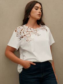 Anewsta Plus Size Hollow Lace Patchwork Elegant Vacation Chic T-Shirt, Spring/Summer - White - View 1