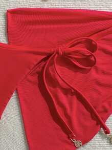 Zestiva Women's Solid Color Metal Pendant Halter Tied Backless Sexy Red Bikini 3pcs Swimsuit Set For Beach/Resort For Summer Beach Vacation - Red - View 7