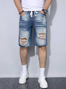 Manfinity LEGND Pantalones cortos de mezclilla con efecto desteñido, bloque de color, bolsillo, borde deshilachado y cordón en la cintura para hombres