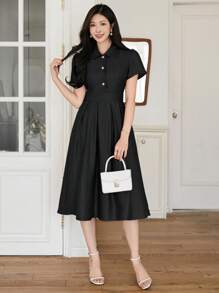 DAZY Solid Color Collar Pleated Puff Sleeve Midi Dress For Women - Black - View 5