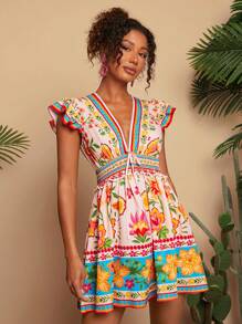 Travachic Pink Floral Summer Boho Mini Dress,Woven Fabric Tea Party Holiday Outfits For Women,Vacation Beachwear,Easter,Spring Break,Concert,Music Festival - Multicolor - View 3