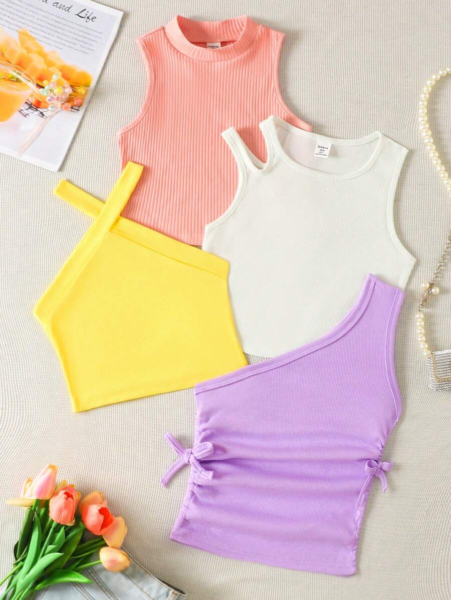 SHEIN 4pcs Tween Girl Fitted Casual Candy Color Comfortable Soft Multi-Pack Tank Tops, School, Campus, College - White - View 1