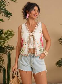 Travachic Plus Size Floral Print Sleeveless Casual Jacket - Beige - View 6