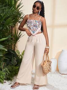 SHEIN Leap Crew Conjunto de top de camisola con estampado de colocación tejido para adolescentes, pantalones de corte holgado y acampanado, vestido mini de verano con lunares y mangas abullonadas en color albaricoque, vestido de línea A con abertura lateral, vestidos de verano en tonos pastel - Albaricoque - Ver 4