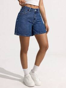SHEIN EZwear Women's Summer Bow Embroidery Pocket Denim Shorts - Dark Wash - View 5