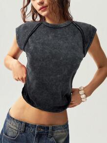 Bohemela Solid Color Round Neck Slim-Fit Washed Knit Women T-Shirt - Black - View 6