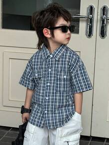 DAZY Young Boys' Plaid Print Button-Down Short Sleeve Shirts, Summer - Blue - View 7