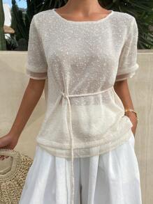 DAZY 女士纹理面料短袖宽松休闲都市风系带T恤 - 杏色 - 查看 4