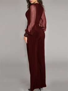 Women's Deep V-Neck Long Sleeve Mesh Patchwork Jumpsuit Fall Cloth For Women - Red - View 2