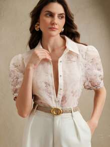 Anewsta Blouse élégante à manches courtes avec motif floral de palais pour femmes, idéale pour l'été