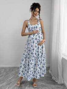 SHEIN Vestido de maternidad de verano con cuello cuadrado, sin mangas, con cintura ceñida y estampado floral miniatura en todo el vestido