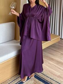 DAZY 女士缎面褶皱设计宽松上衣和长裙家居服，简约魅力睡衣 - 紫色 - 查看 4