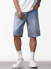 Manfinity Homme Men's Washed Basic Casual Denim Shorts Tropical Hang Out Street - Light Wash - View 3