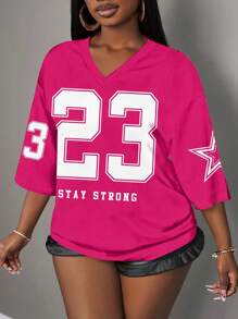 Slaydiva 大码休闲简约数字印花V领T恤，适合夏季 - 彩色 - 查看 4