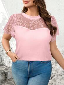 SHEIN Clasi 大码女式纯色蕾丝拼接短袖上衣 - 粉色 - 查看 3