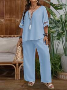 EMERY ROSE Conjunto de 2 piezas de ropa de verano casual para mujer, con top de manga corta de cuello en V de punto y pantalones largos, ropa de verano para mujer de talla grande - Celeste - Ver 6
