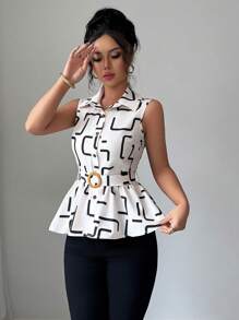 Elenzga Fashionable New Geometric Pattern Sleeveless Waist Ruffle Hem Summer Elegant Resort Women Shirt - Multicolor - View 4