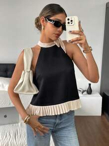 SHEIN Frenchy Top halter con volantes en el bajo, contraste de color para mujeres - Negro - Ver 5