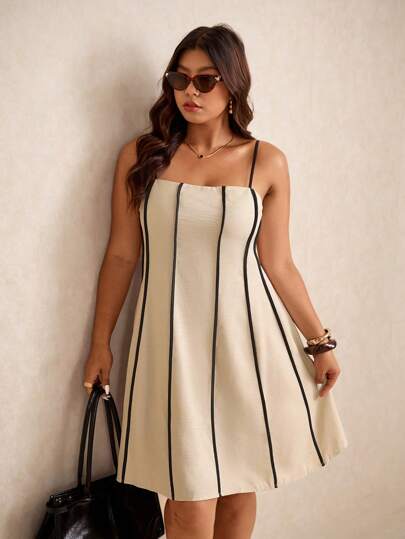Elaquor Plus Size Color Block Trim Slip Dress,Sundress